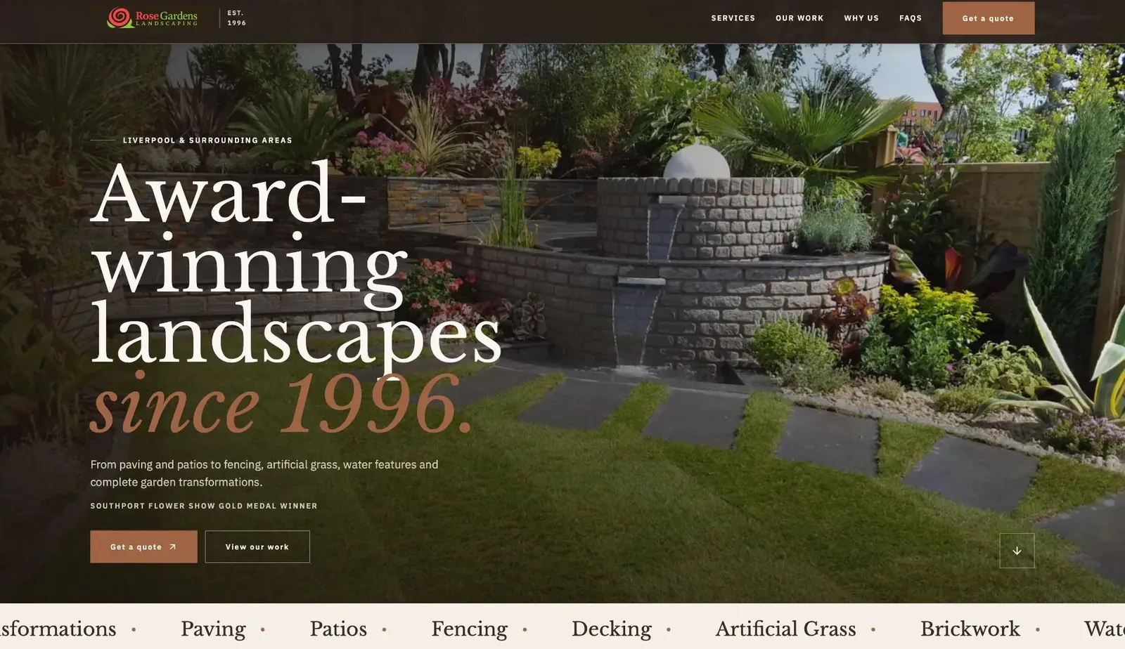 Screenshot of the Rose Gardens Landscaping website on a desktop browser